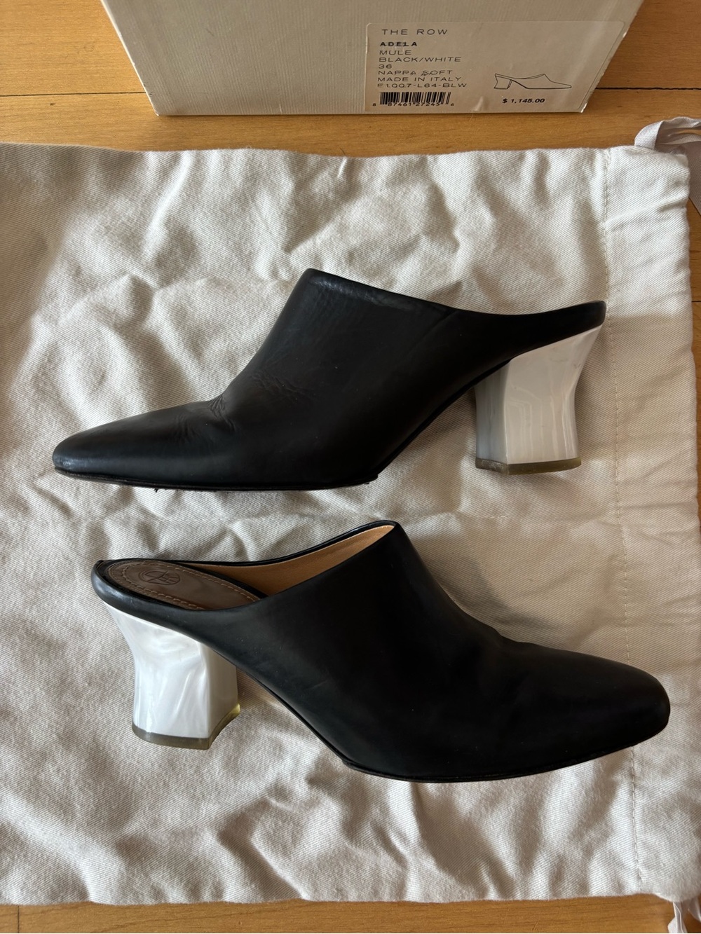 The Row Black Leather Mules with White Sculpted Block Heels